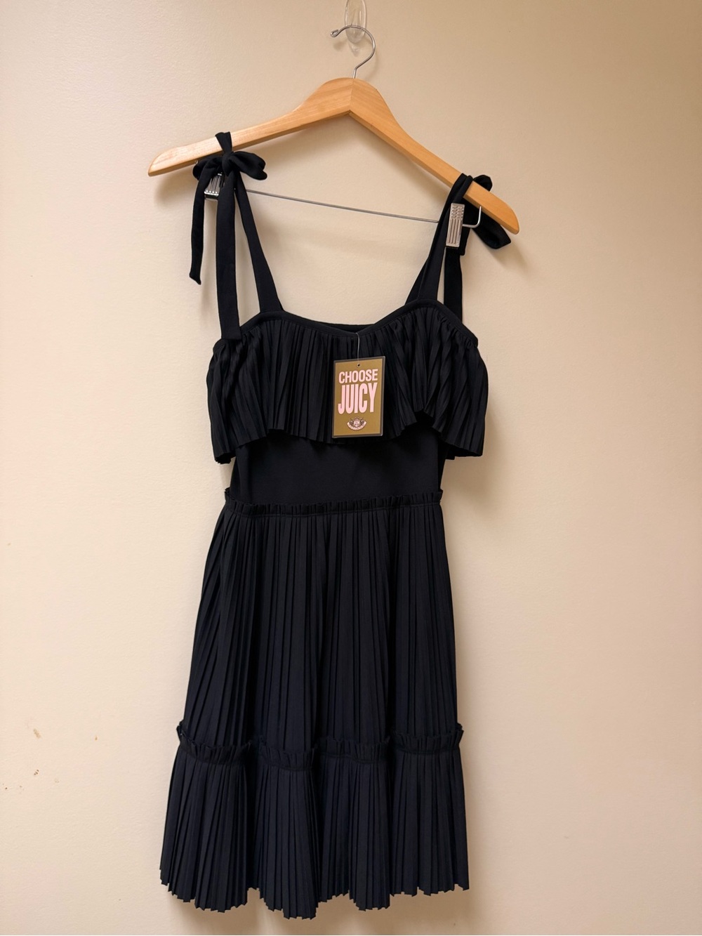 NWT ⚫️Juicy Couture Black Pleated Tie-Shoulder Mini Dress🦋